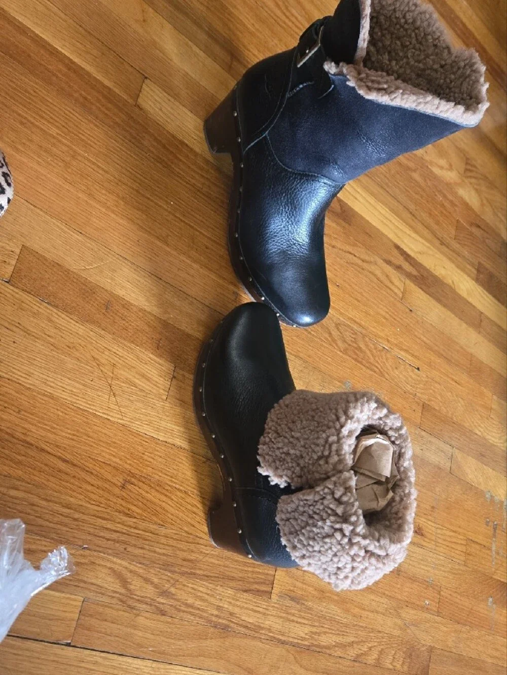 UGG Black Leather Clog Boots with Tan Shearling Cuff